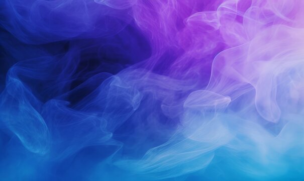Mist texture. Color smoke. Paint water mix. Mysterious storm sky. Blue purple glowing fog cloud wave abstract art background with free space, Generative AI 