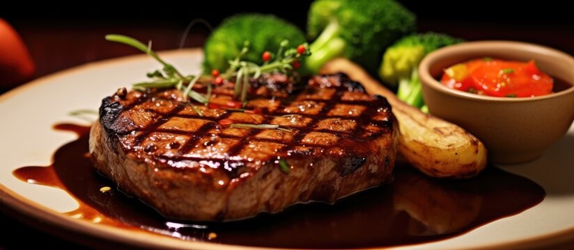 I went to a healthy restaurant for dinner and enjoyed a delicious meal of grilled meat served on a red plate with a side of nutritious vegetables and a flavorful BBQ sauce.
