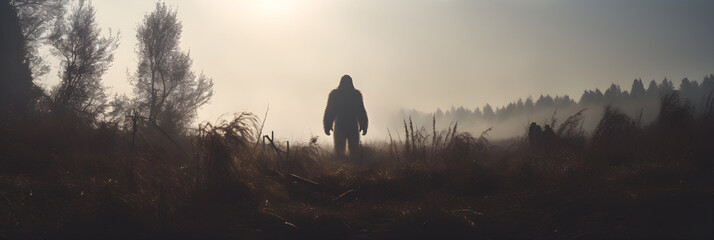 cinematic shot of bigfoot silhouette on the horizon - obrazy, fototapety, plakaty