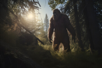 cinematic shot of bigfoot silhouette in the forest - obrazy, fototapety, plakaty