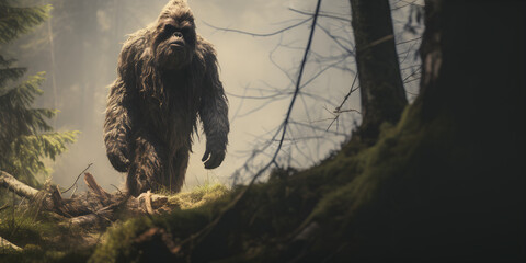 cinematic shot of bigfoot walking in the forest - obrazy, fototapety, plakaty