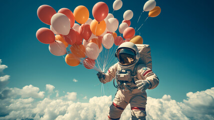 Astronaut flying in balloons - obrazy, fototapety, plakaty