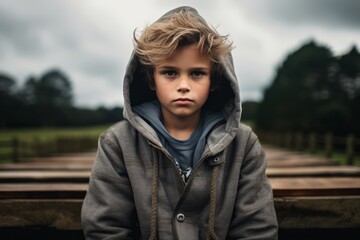 A portrait of a boy in a hooded jacket on a wooden bridge.