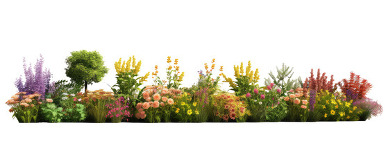 beautiful greenery and shrubbery, with small colorful flowers isolated on transparent background