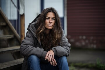Portrait of a sad woman sitting on a bench in the street - obrazy, fototapety, plakaty