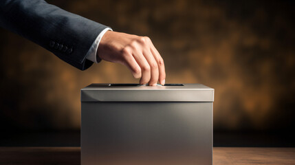 Ballot box with person hand casting a vote