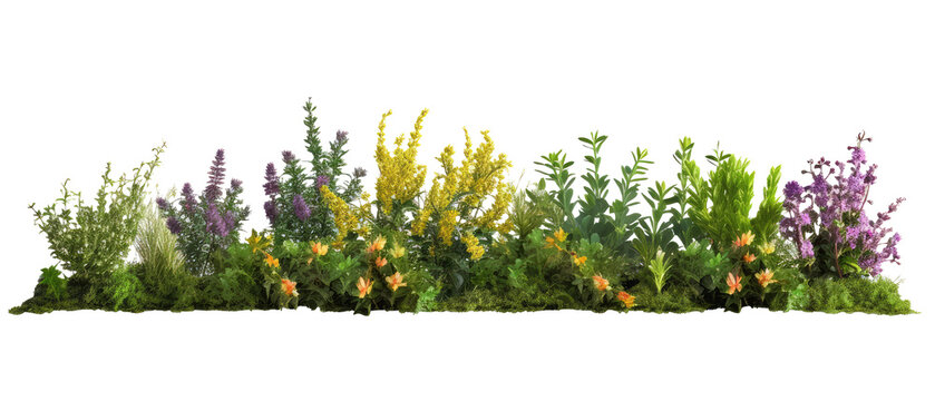 Fototapeta beautiful greenery and shrubbery, with small colorful flowers isolated on transparent background