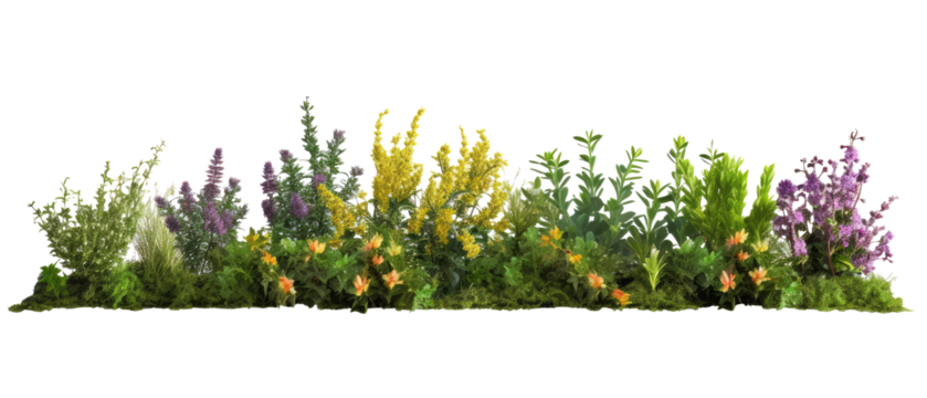 beautiful greenery and shrubbery, with small colorful flowers isolated on transparent background