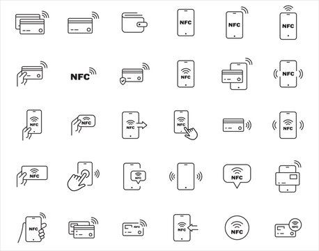 Set of Vector Line Icons Related to NFC,contactless card, smartphone payment set.Mobile phone pay, nfc technology icons.Contactless pay, nfc card,NFC Communication ,wireless payment