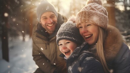 Fototapeta premium family laughing boisterously. in the background is a beautiful winter forest. sunny winter day. natural, diffuse sunlight. movement. blur. Scattered light. generative AI