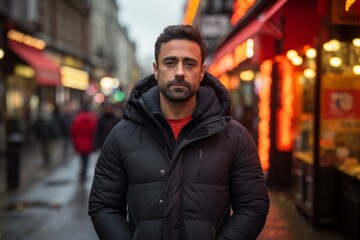 Portrait of a handsome young man with beard and mustache standing on a street in Paris, France.