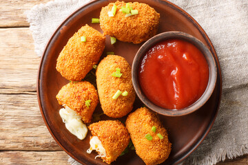 Suppli al telefono Italian snacks consisting of rice with tomato sauce filled with mozzarella, soaked in eggs, coated with bread crumbs and deep-fried closeup. Horizontal top view from above