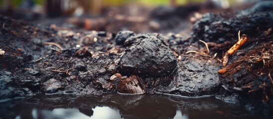 Obraz premium Environmentally harmful closeup photo of soil contaminated by plastic waste and oil pollution, representing ecological disaster.