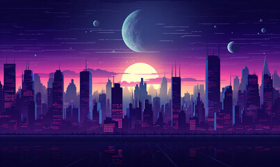 night city skyline retro 80s background