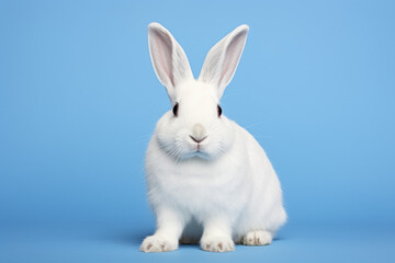Obraz premium Close up photograph of a full body white rabbit isolated on a solid blue background