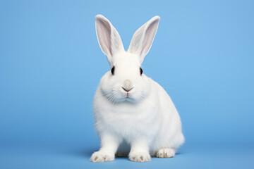 Close up photograph of a full body white rabbit isolated on a solid blue background