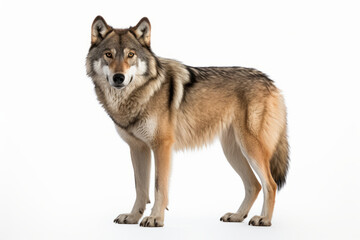 Close up photograph of a full body wolf isolated on a solid white background