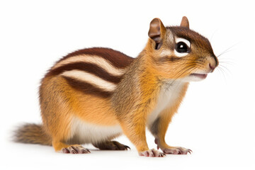 Close up photograph of a full body chipmunk isolated on a solid white background