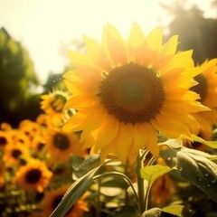 Obraz premium Blooming sunflowers photo in sunlight