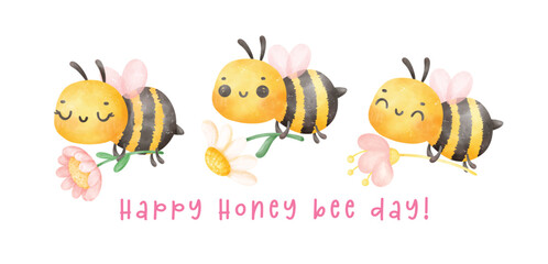 Group of cute baby honey bees with flower watercolor banner cartoon character hand painting illustration vector. Happy Honey bee day. - obrazy, fototapety, plakaty