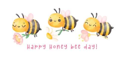 Fotobehang Group of cute baby honey bees with flower watercolor banner cartoon character hand painting illustration vector. Happy Honey bee day. © Natsicha