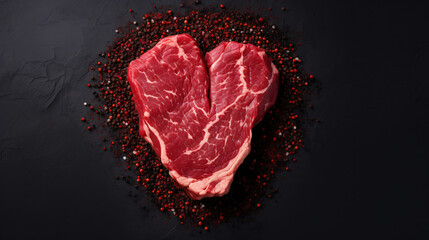 Beef steak making a heart. Raw beef meat at black