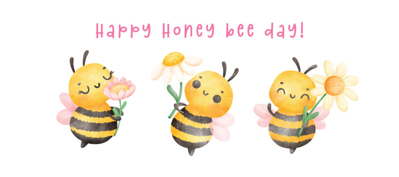 Group of cute baby honey bees with flower watercolor banner cartoon character hand painting illustration vector. Happy Honey bee day.