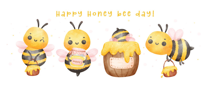 Group of cute baby honey bees watercolor banner cartoon character hand painting illustration vector. Happy Honey bee day.