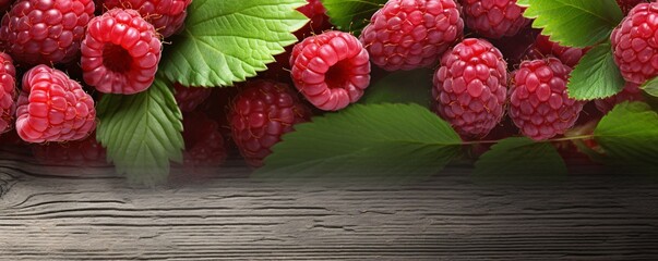Rustic arrangement of ripe raspberries with fresh leaves on a dark wooden surface. Natural food...