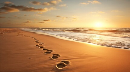  the footprints of two people are in the sand on the beach as the sun sets over the ocean behind them. - obrazy, fototapety, plakaty