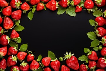 Frame of vibrant strawberries with lush green leaves on a dark background. Free space for text. Elegant food arrangement. Suitable for banner, backdrop, or design.