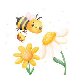 Cute baby honey bee with flowers watercolor cartoon character hand painting illustration vector.