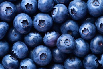 Close-up view of fresh blueberries with natural bloom. Healthy eating and nutrition concept. Macro food photography. Design for packaging, banner, or backdrop - obrazy, fototapety, plakaty