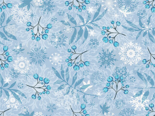 Vector Christmas seamless pattern with blue snowflakes, leaves, berries, stars