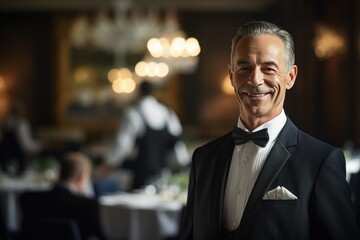 The Headwaiter welcomes wealthy guests in an expensive, sophisticated, modern restaurant.