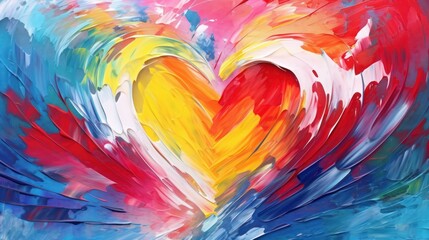  a painting of a colorful heart on a blue, red, yellow, and white background that is painted with acrylic paint.
