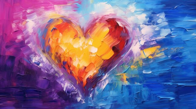  a painting of a heart on a blue, pink, yellow, and purple background with a white cloud in the shape of a heart.