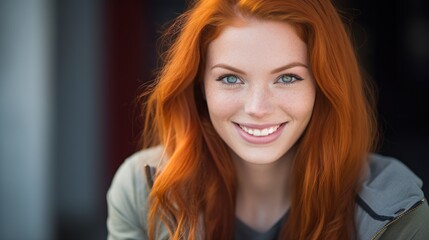  a close up of a woman with long red hair and blue eyes smiling at the camera with a smile on her face.