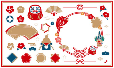 和モチーフのあしらいセット。水引や門松などのイラストやアイコンセット