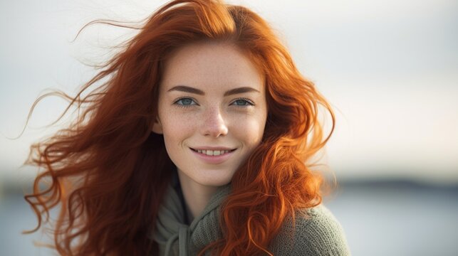  A Close Up Of A Woman With Long Red Hair And A Smile On Her Face, With Her Hair Blowing In The Wind.