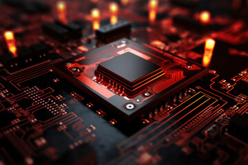 Fototapeta na wymiar A powerful computer processor or chip on a motherboard. Modern technologies. Red background. Modern electronics production.