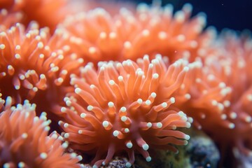 Macro red coral, coral polyp, vibrant coral polyp with its intricate tentacles extended. Beautiful red coral reefs underwater in the sea