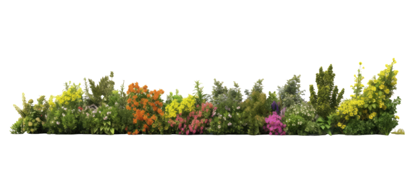 beautiful greenery and shrubbery, with small colorful flowers isolated on transparent background