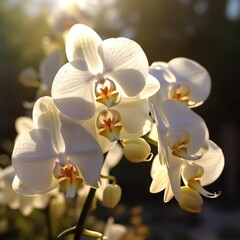 White Orchid photo is captured beautifully in sunlight, with a blurred background
