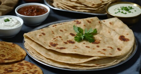 triangular slices of aloo paratha piled on a metal, dimpled tray beside dishes of tasty chutney, pickle dip and raita (yoghurt based sauce) food photography