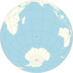 The French Southern and Antarctic Lands are positioned at the center of the orthographic projection of the global map. It is an overseas territory of France.