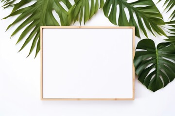 Tropical summer stationery mock-up scene. White blank card mockup for text on dry palm leaf. Green tropical leaves with copy space. Summer stationery still life.
