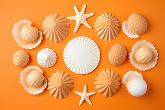 Seashells on orange background. Sea mood. Holiday by the sea.