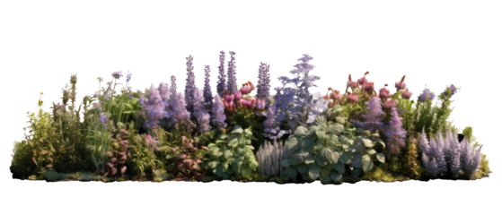 beautiful greenery and shrubbery, with small colorful flowers isolated on transparent background