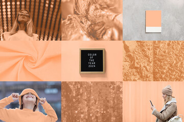 Color of the year 2024 peach fuzz collage. Trendy colors concept